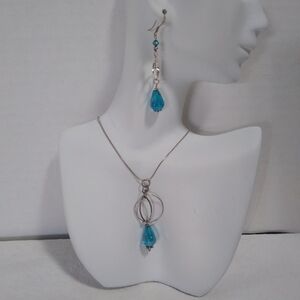 Handmade Sterling Silver and Blue Teardrop Necklace Set Interlocking Pendant